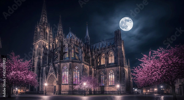 Fototapeta  Majestic Gothic Cathedral Lit Up at Night Under a Full Moon with Blooming Pink Trees
