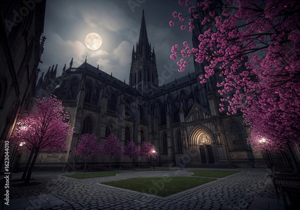 Fototapeta Majestic Gothic Cathedral with a Spire and Pink Cherry Trees Under a Full Moon at Night