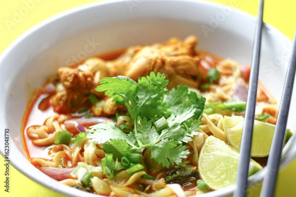 Obraz A bowl of spicy noodle soup with chicken, garnished with fresh cilantro, lime wedges, and chopped vegetables, served with black chopsticks. The vibrant colors and presentation are visually appealing.