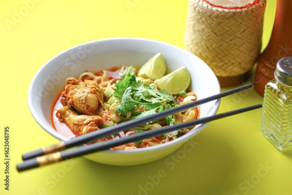 Fototapeta A delicious Thai dish, khao soi, featuring spicy noodle soup with chicken, vibrant veggies, and aromatic spices, served with fresh cilantro and lime.