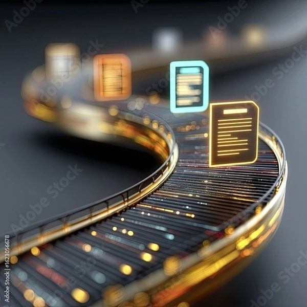 Fototapeta Futuristic Data Conveyor with Glowing Digital Document Icons