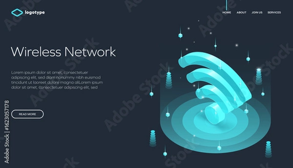 Fototapeta Modern isometric illustration of a wireless network signal with abstract 3D elements, suitable for technology websites, apps, and promotional materials.