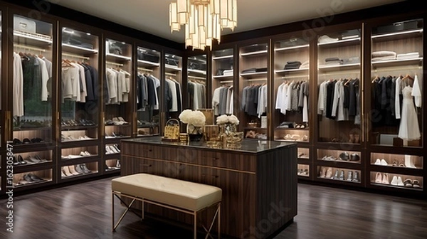 Fototapeta High-end walk-in closet design featuring black walnut panels, brushed gold hardware, a central island with glass drawers, sleek pendant lighting, and a rich taupe carpet, full frame,