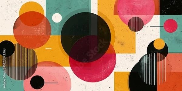 Fototapeta Vibrant abstract geometric design featuring circles and squares with a textured effect