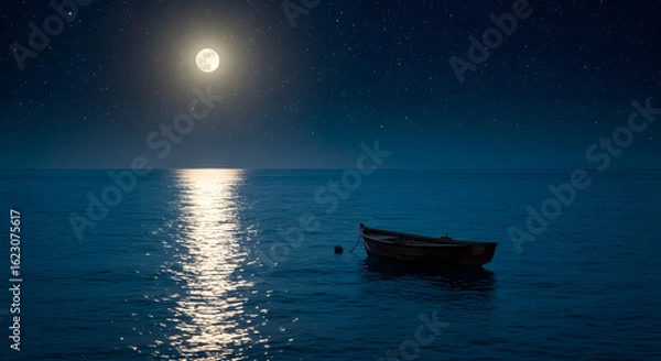 Fototapeta Serene nightscape featuring a boat under a full moon with starry background