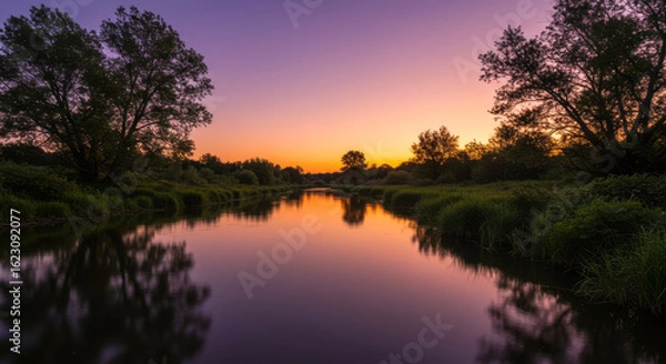 Obraz Tranquil River Reflecting a Vibrant Purple and Orange Sunset, Framed by Lush Trees in a Peaceful Countryside Landscape, Ideal for Nature, Relaxation, and Scenic Travel Themes