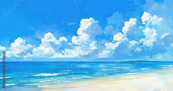 Obraz A serene beach scene with vibrant blue skies and fluffy clouds over calm ocean waters.