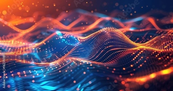 Fototapeta Abstract digital waves with glowing particles in blue and orange tones.