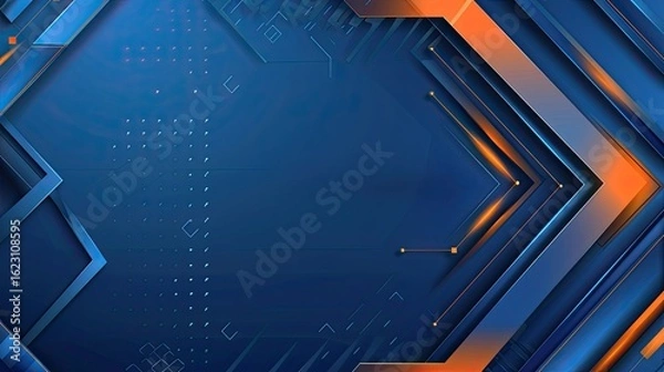 Fototapeta Abstract blue and orange geometric background with layered shapes and digital elements.