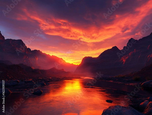 Fototapeta A breathtaking sunset casts a warm, golden glow over a deep canyon with a winding river below. The orange-hued cliffs and the tranquil water create a mesmerizing natural landscape, perfect for travel 