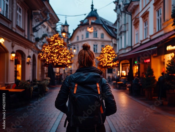 Obraz A solo traveler wanders through the charming streets of an old European city, surrounded by historic architecture and cobblestone paths. The warm lighting and vintage atmosphere evoke a sense of nosta