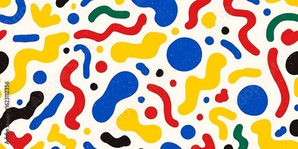 Fototapeta A cheerful abstract pattern of colorful wavy lines and organic shapes scattered on white