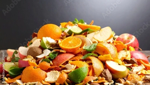 Obraz A colorful pile of assorted fruit peels and scraps, showcasing a vibrant mix of oranges, apples, and limes against a dark background.