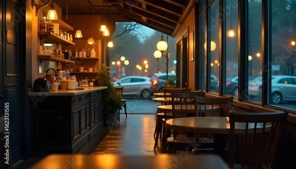 Fototapeta Cozy, brightly lit cafe interior featuring a blurred foreground with wooden tables, city lights visible through the windows, warm lighting, and a relaxed atmosphere. It's a rainy autumn evening, with 