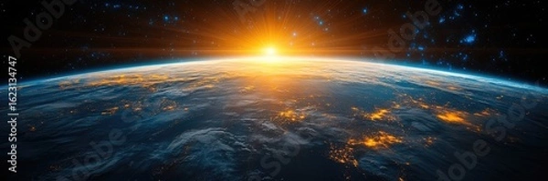 Fototapeta An epic panoramic view of planet Earth from space. The sun rises over the horizon, illuminating the atmosphere and continents with glowing city lights, a concept for global connection and technology.