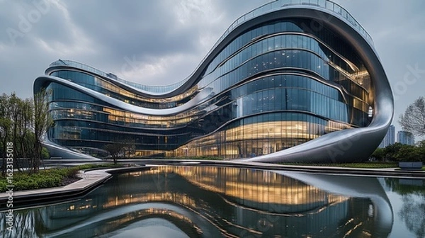 Fototapeta Futuristic landmark building with a flowing, organic architectural style reflecting in water at twilight. A concept for parametric design, real estate investment, and corporate innovation.

