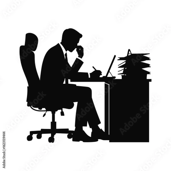 Obraz Silhouette of a businessman working at a desk with a laptop and stacks of paper