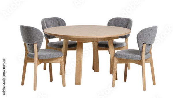 Fototapeta Light wood round dining table with four upholstered chairs (1)