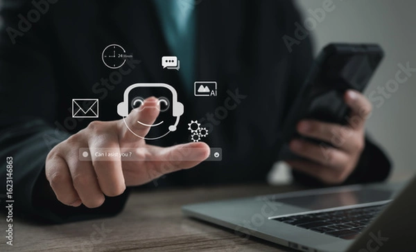 Fototapeta Businessperson interacting with virtual AI chatbot support interface featuring smiling bot icon, message bubbles and assistance prompt, symbolizing automated communication and digital customer service