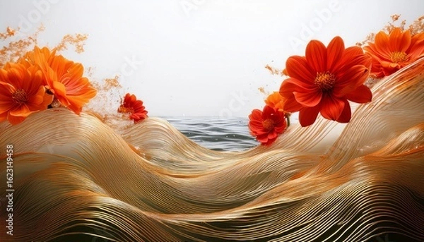 Fototapeta an autumn inspired ocean with golden waves and red orange flowers drifting against a white backdrop