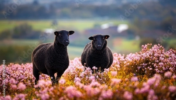 Fototapeta black sheep in a field of flowers