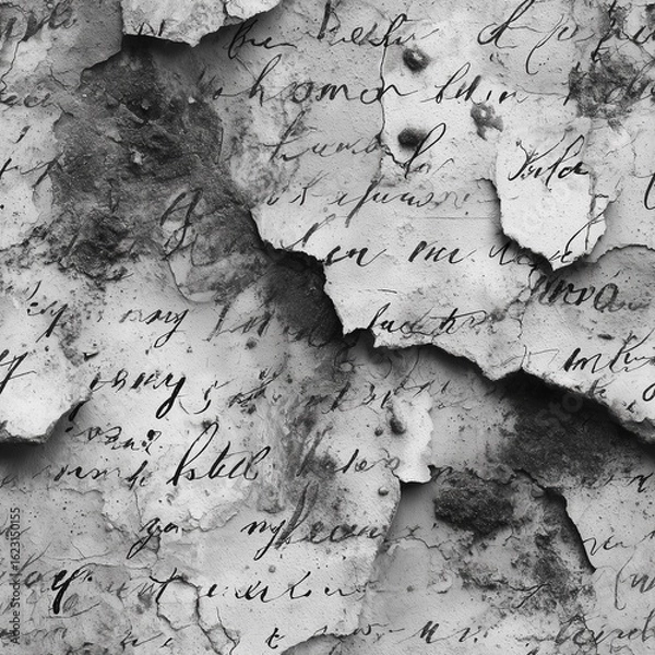 Fototapeta Faux handwriting script overlay | Tangled illegible cursive fragments on cracked plaster | Grunge vintage aesthetic | Seamless artistic background texture