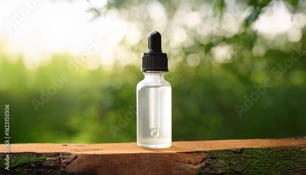 Fototapeta clear glass skincare bottle with dropper on wooden block in nature background