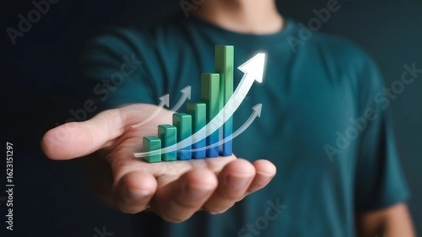 Obraz Man holding a glowing financial growth chart with upward arrow