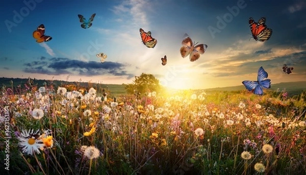 Fototapeta enchanted meadow bathed in golden sunlight wildflowers in bloom whimsical butterflies fluttering magical atmosphere idyllic landscape colorful spring countryside