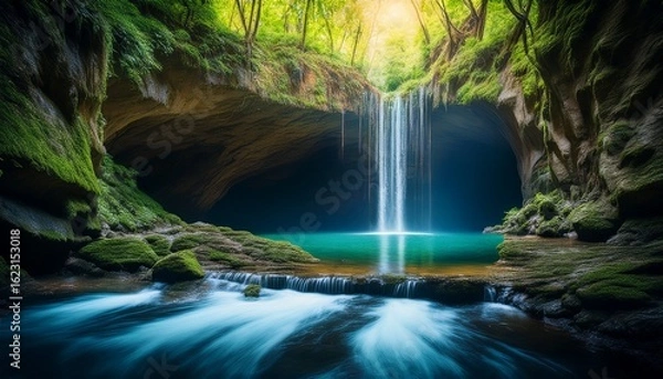 Fototapeta mystical glowing cave with waterfalls and a tranquil river