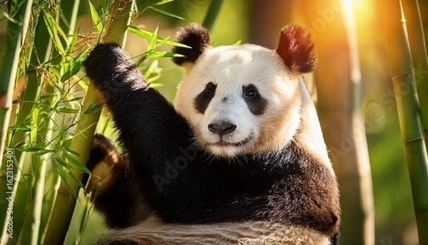 Fototapeta playful panda enjoying a sunny day among bamboo at a wildlife reserve in the afternoon