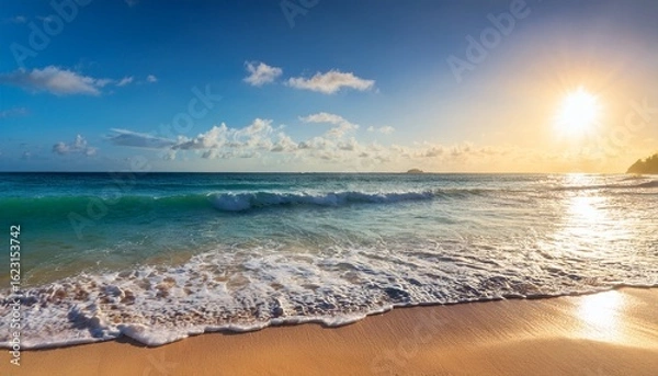 Fototapeta serene ocean scene evokes feelings of joy and peace sunlit waves gently lap the shore a tranquil paradise perfect for travel relaxation and well being themes travel summer wellbeing