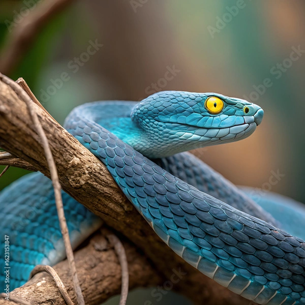 Fototapeta A blue viper snake on branch against black background
