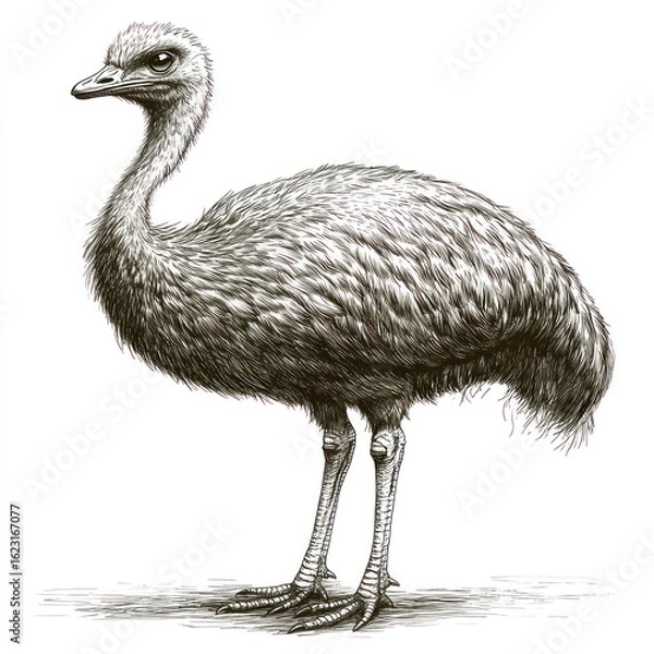 Fototapeta Black and white engraving of a large flightless bird in profile. Detailed illustration done in the style of scientific botany or an old zoology book.  