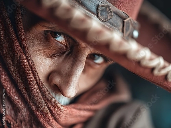 Fototapeta Mysterious Cowboy Intense gaze with covered face, portrait, western style, and brown tones.