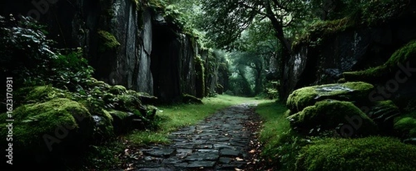 Fototapeta Mysterious Stone Path Through Lush Green Forest with Scenic Landscape, and Nature Travel.