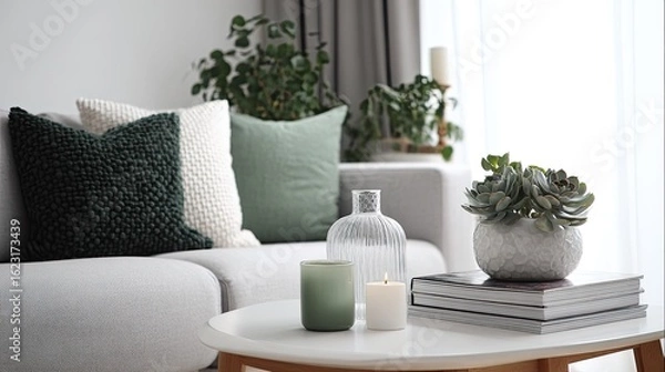 Fototapeta close-up of a Scandinavian living room with minimalist decor, color tones: cool white, ash gray, and soft pine green