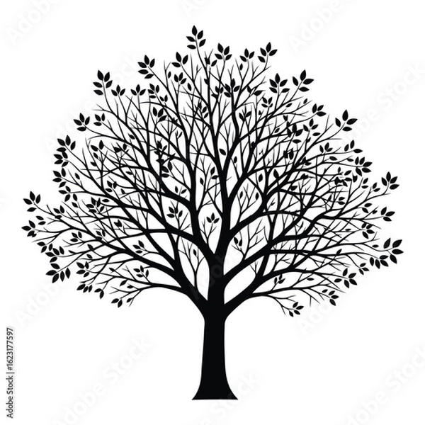 Fototapeta Art of a detailed black silhouette of a deciduous tree with many branches and leaves, isolated on a white background