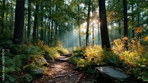 Fototapeta Sunlit forest trail