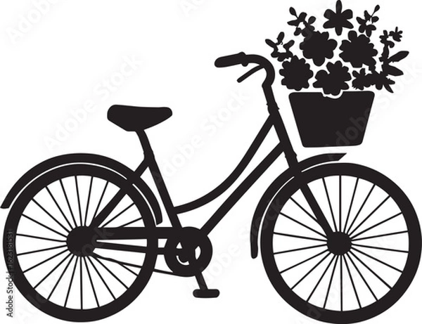 Fototapeta Bicycle with Basket of Flowers, Spring Ride – Bicycle with Flower Basket, Black and White Silhouette
