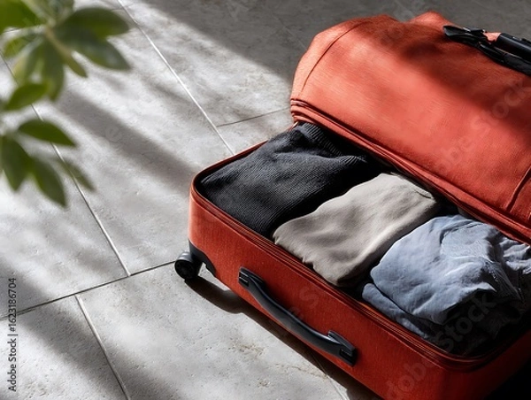 Fototapeta Open Suitcase Packing with Clothes  Travel Essentials  Ready for Vacation Concept.