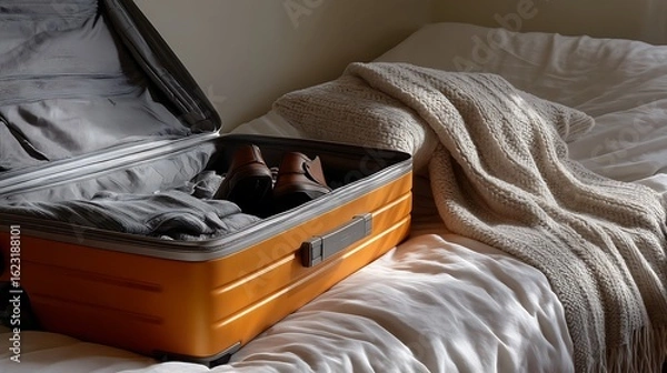Fototapeta Orange Suitcase Open on Bed with Ready for Travel, and with Boots and Blanket.