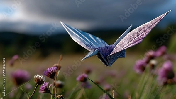 Fototapeta Origami Butterfly in Flight with Meadow Flowers, Nature, and Creative Concept.