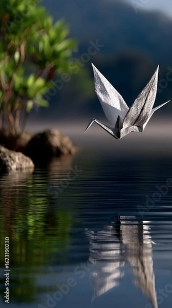 Fototapeta Origami Crane Soaring Above Calm Lake with Mountain  Tree Background  Tranquil Scene.