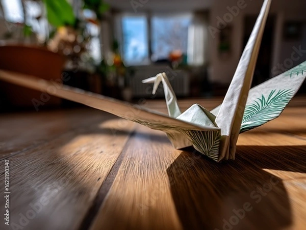 Fototapeta Origami Crane on Wooden Floor Paper Bird with Tropical Leaf Pattern with Home Focus.
