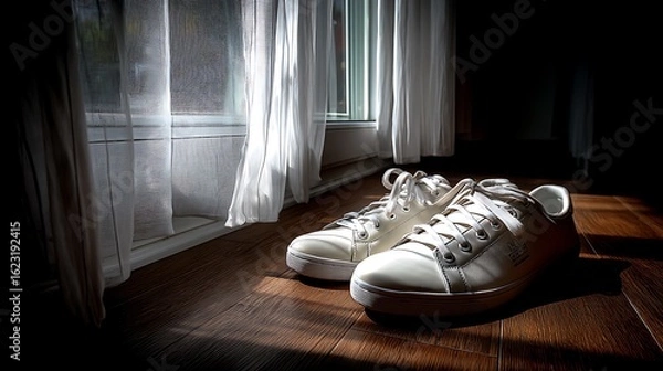 Fototapeta Pair of white sneakers on wooden floor near window with sheer curtains and sunlight.
