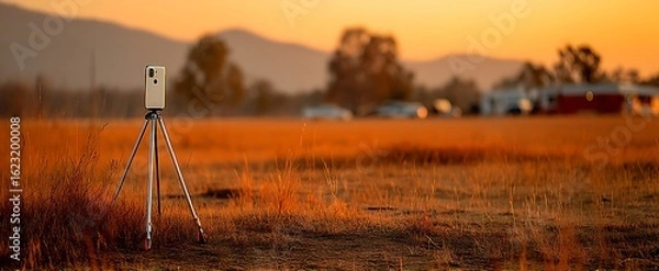 Fototapeta Phone on Tripod Capturing Sunset in Field Nature with Technology, and Golden Hour.