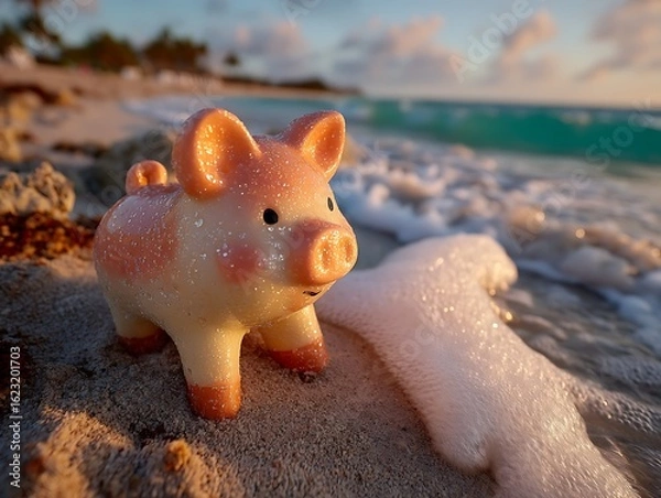 Fototapeta Piggy Bank at Beach Financial Dreams on Seaside with Savings, Vacation, and Tropical.