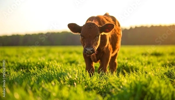 Fototapeta A calf in a grassy field at sunset