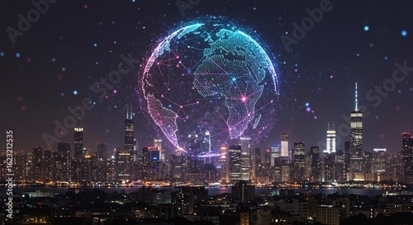 Fototapeta 輝く未来都市、繋がる地球。夜空に広がる無限の可能性